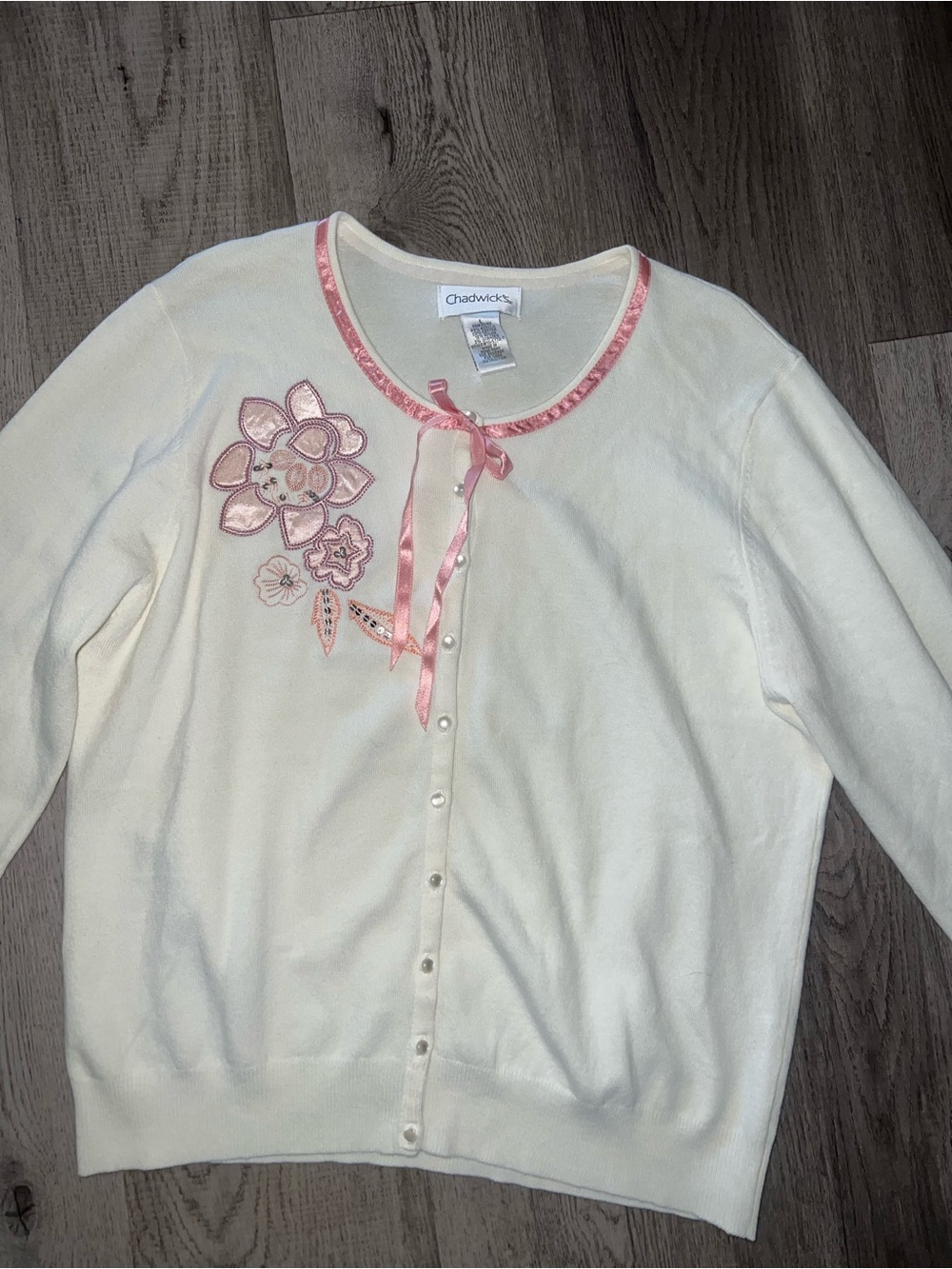 Gorgeous Vintage Chadwick’s Cream Cardigan with Pink Floral Embroidery